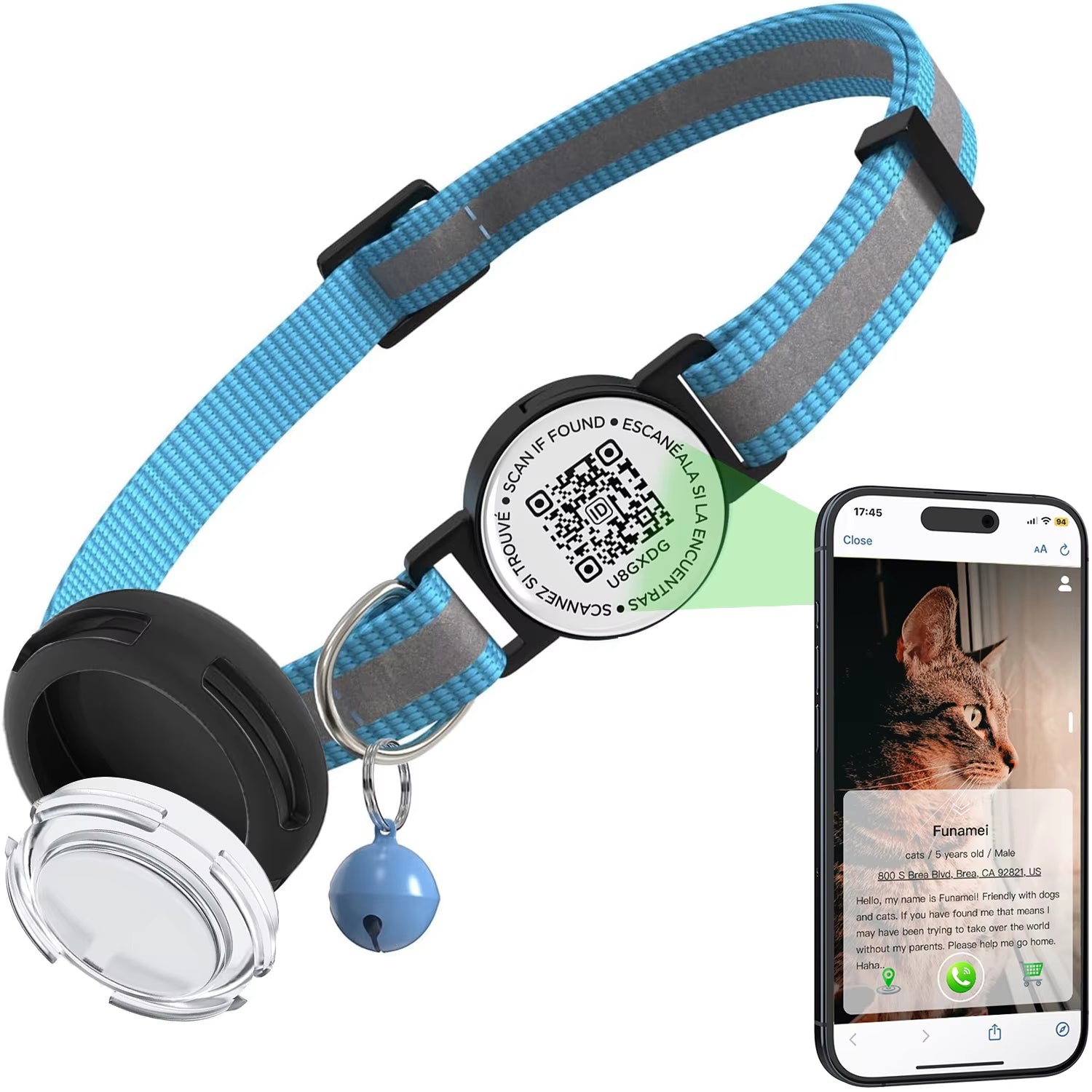 Anti-Loss Cat Collar with Airtag Holder, Breakaway QR Code Tag Buckle, Adjustable Kittens Collar with for Apple Air Tag Case